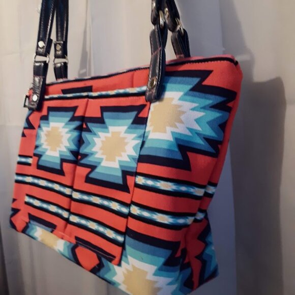 New Southwestern geometric Pink Turquoise Cowgirl Double Handle Satchel Bag Boh - Picture 4 of 10